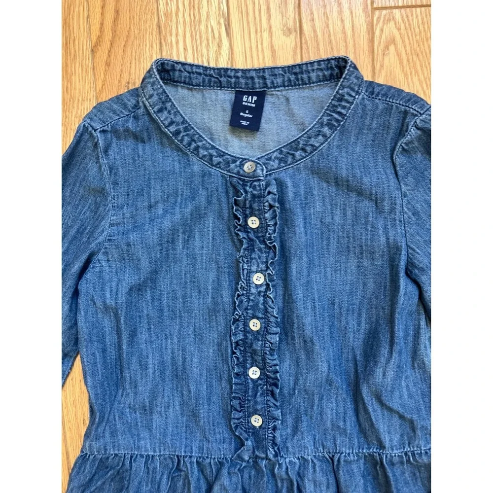 GAP‎ Kids Denim Dress Ruffled Front Long Sleeve Button Up Blue Chambray Size S